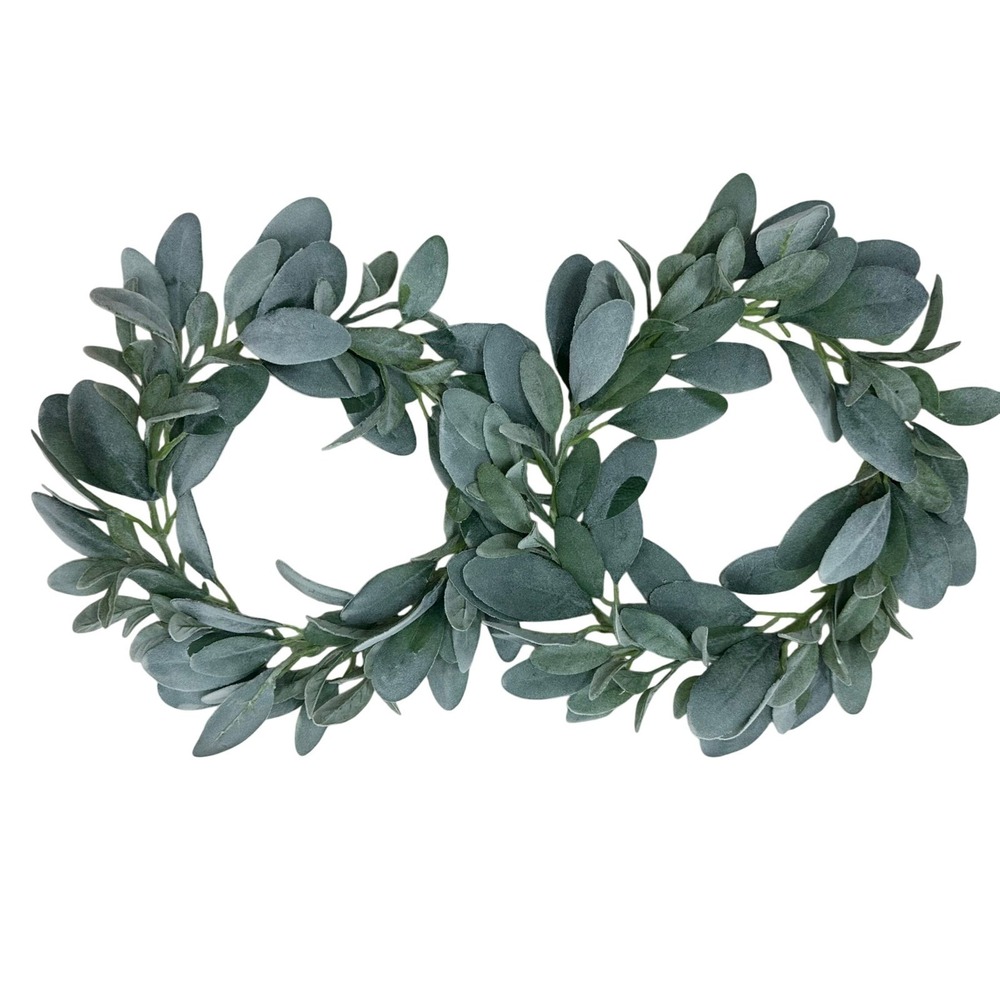 Set of 2 Artificial Lambs Ear Wreaths 12 Inch Flocked Sage Green Faux Greenery